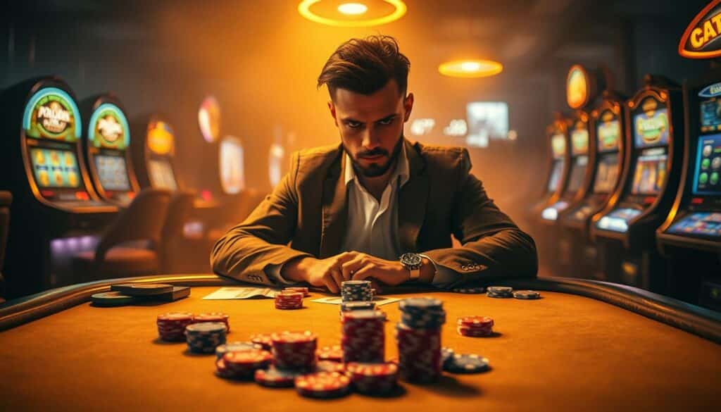 A professional gambler sits at a table, deep in thought, surrounded by the trappings of an online casino. The table is bathed in a warm, golden glow, creating an atmosphere of concentration and intensity. In the foreground, playing cards and poker chips are arranged in a strategic layout, hinting at the complex techniques and strategies the gambler is considering. The background is hazy, with the faint outlines of slot machines and other casino elements, emphasizing the focus and determination of the central figure. The overall mood is one of contemplation and the pursuit of gaming mastery, capturing the essence of "提升勝率的有效策略".