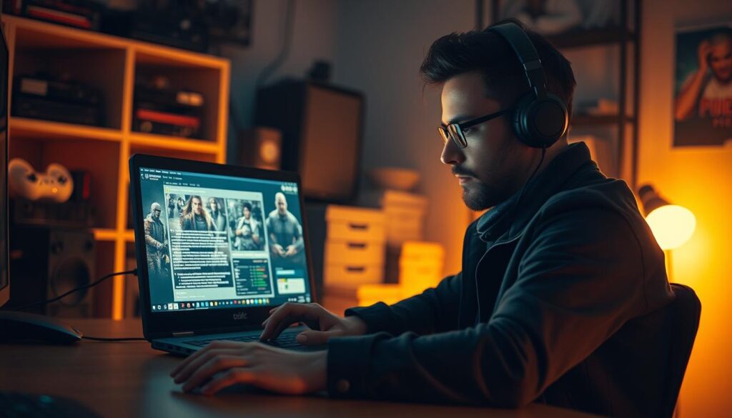 A professional gamer seated at a desk, intently studying a laptop screen displaying a detailed game review. The scene is bathed in warm, focused lighting, creating an atmosphere of thoughtful analysis. The gamer's expression conveys a sense of expertise and concentration, emphasizing the importance of thorough, unbiased evaluation. In the background, shelves filled with gaming hardware and reference materials subtly suggest the depth of knowledge required for such a task. The composition highlights the dedicated process of delivering a comprehensive, trustworthy assessment to guide discerning players.
