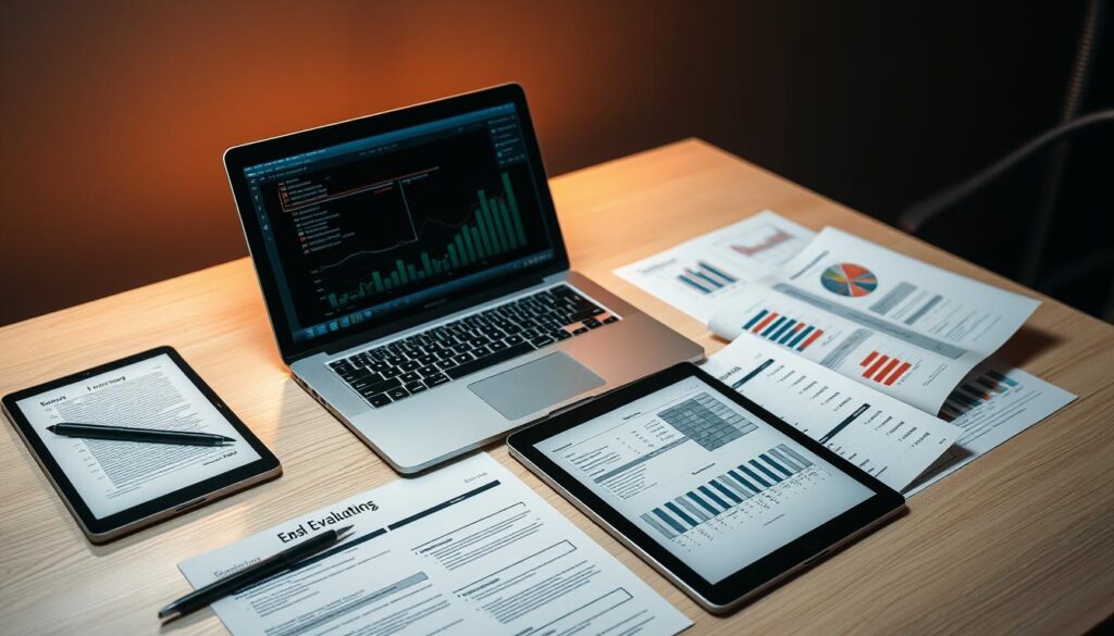 A professional, high-quality evaluation of online gambling services, presented in a sleek and informative manner. A tidy desk with a laptop, tablet, and documents showcasing detailed data analysis and reviews. Warm lighting casts a thoughtful glow, while a minimalist backdrop allows the content to take center stage. The scene conveys a sense of authority, expertise, and a commitment to providing valuable insights to readers. The composition should strike a balance between functionality and visual appeal, reflecting the subject's blend of professionalism and consumer-oriented perspective.