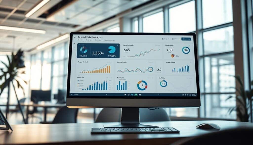 A professional, high-quality screenshot of a desktop computer display showcasing a sleek and intuitive SEO keyword analysis tool interface. The foreground features a clean, minimalist dashboard with various data visualizations and analytical insights prominently displayed. The middle ground includes a series of interactive graphs, charts, and reporting modules that provide comprehensive SEO performance metrics. The background depicts a modern, well-lit office environment with floor-to-ceiling windows, allowing natural light to illuminate the workspace. The overall mood is one of efficiency, productivity, and data-driven decision making, reflecting the powerful capabilities of this SEO keyword analysis tool.