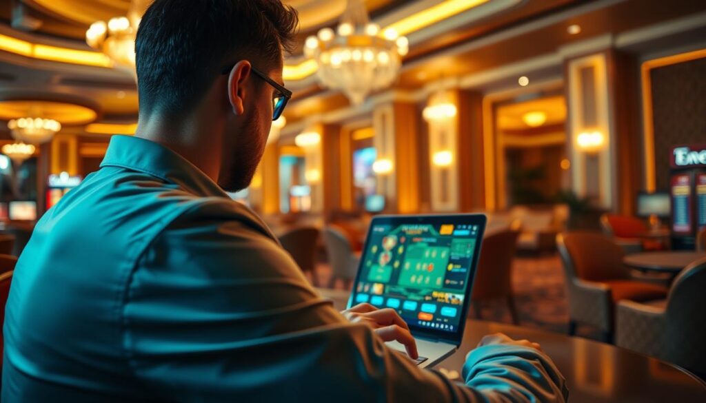 A professional instructor demonstrating online casino game strategies on a laptop, backlit by soft warm lighting. The camera angle captures an over-the-shoulder perspective, focusing on the screen and hands guiding the gameplay. The instructor's face is partially obscured, emphasizing the instructional nature of the scene. The background features a blurred, elegant casino interior with plush furnishings, creating a high-end, educational atmosphere. The overall mood is one of expertise, guidance, and immersion in the gaming experience.