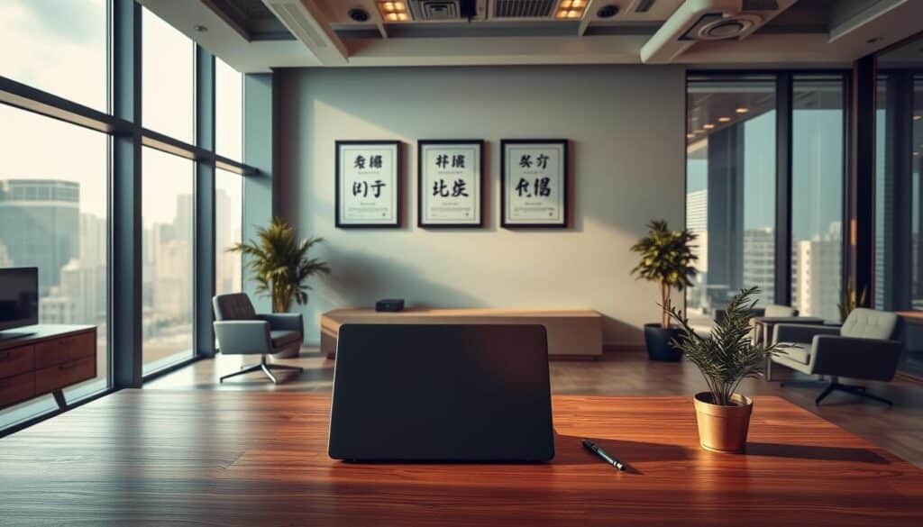 A professional, modern corporate office interior with contemporary furniture and minimalist decor. In the foreground, a sleek, wooden desk with a laptop, pen, and a small potted plant. In the middle ground, three framed certificates or awards hanging on the wall, displaying the words "安全性", "信譽", and "合法經營". The background features large, floor-to-ceiling windows overlooking a cityscape, bathing the scene in warm, natural light. The overall atmosphere conveys a sense of trustworthiness, professionalism, and adherence to industry standards.