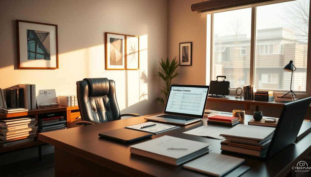 A professional, modern-looking office interior with a large desk, a comfortable leather chair, and an array of neatly organized documents and stationery. The room is bathed in warm, natural lighting, casting a cozy ambiance. On the desk, a laptop displays a spreadsheet or report, symbolizing the process of evaluating credibility. The walls are adorned with minimalist art pieces, lending an air of sophistication. The overall scene conveys a sense of careful analysis, attention to detail, and trustworthiness, reflecting the theme of "credibility assessment".