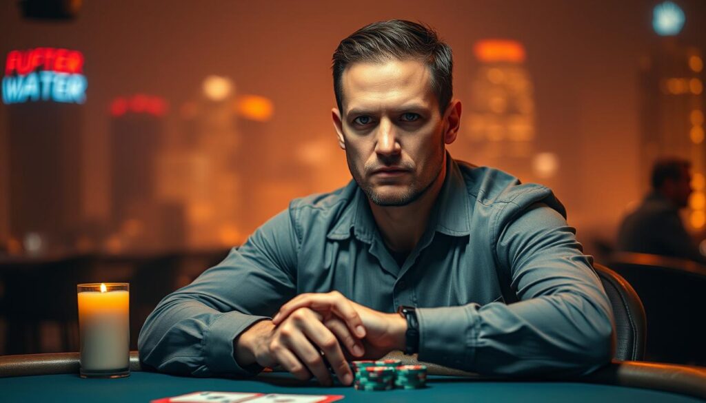 A professional poker player sits at a table, their face etched with a stoic, focused expression. The table is bathed in a warm, candlelit glow, creating an air of intensity and concentration. In the background, a hazy, blurred cityscape suggests the high-stakes world of competitive poker. The player's hands rest confidently on the table, their body language conveying a sense of calm control and discipline. The image captures the psychological fortitude and composure required to excel in the challenging world of Texas Hold'em poker.