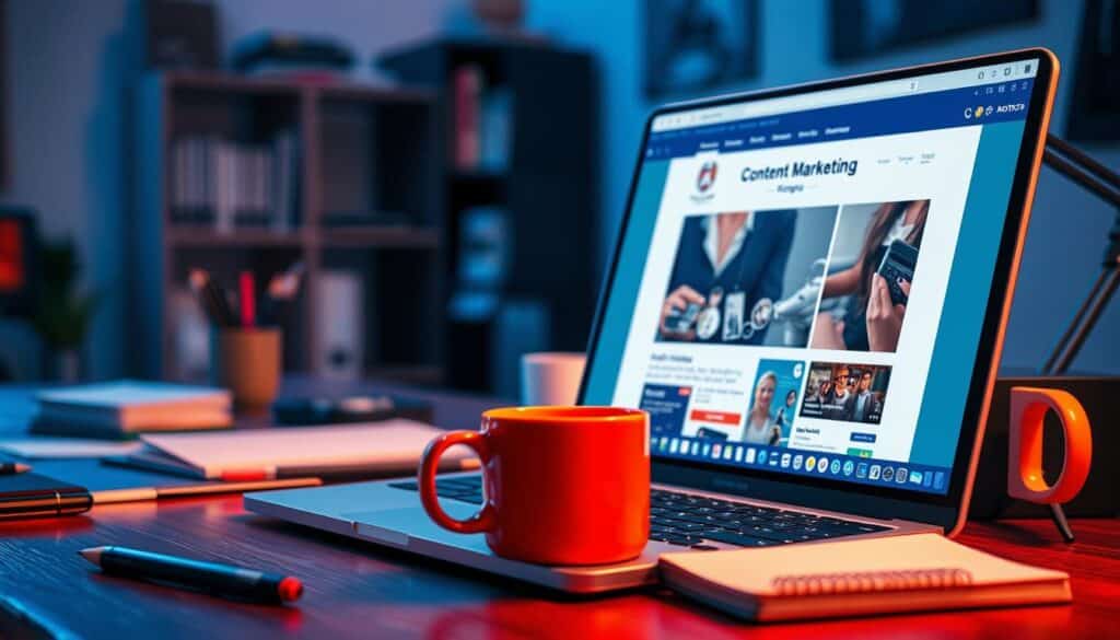 A professional, vibrantly-lit photograph of a desktop setup depicting content marketing strategies. In the foreground, a laptop screen displays a visually appealing, well-designed website or social media post. In the middle ground, various office supplies like pens, notebooks, and a coffee mug create a productive workspace ambiance. The background features a blurred bookshelf or wall decor, suggesting an organized, modern office environment. The overall atmosphere conveys a sense of creativity, efficiency, and a focus on engaging digital content to promote a product or service.