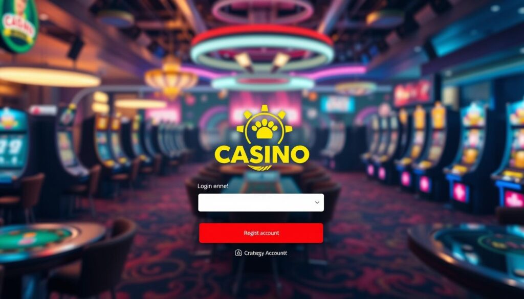 A registration screen for an online casino, with a clean, modern interface. The foreground features a login form with fields for username, password, and a "Create Account" button. The middle ground shows a stylized casino logo and branding elements, while the background depicts a blurred view of casino gaming tables, slot machines, and other interactive elements. The lighting is soft and warm, creating an inviting atmosphere. The overall composition and color palette convey a sense of trust, security, and excitement for the user's online gaming experience.