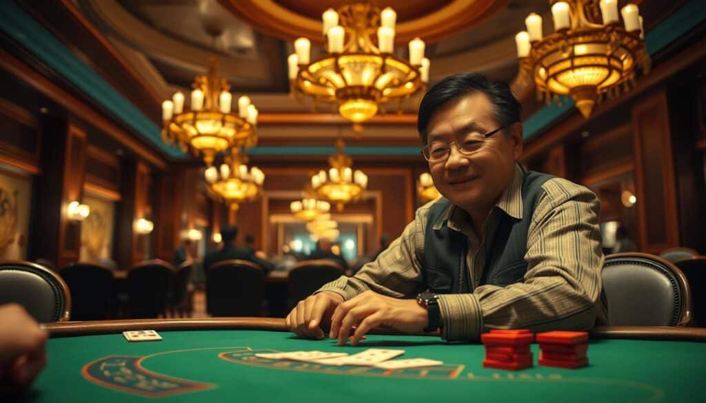 A relaxed Taiwanese gambler sits at a mahogany table, his gaze fixed intently on the green felt as he calculates his next move. Behind him, the ornate chandeliers of a grand casino cast a warm glow, hinting at the quiet triumph and hard-won wisdom of a lifetime spent at the baccarat tables. The player's expression is one of quiet focus, a subtle smile playing at the corners of his mouth as he leans forward, the weight of his success palpable in every gesture. The scene evokes a sense of timeless elegance and the thrill of high-stakes gaming, a testament to the perseverance and strategy that have made this Taiwanese player a true master of the game.