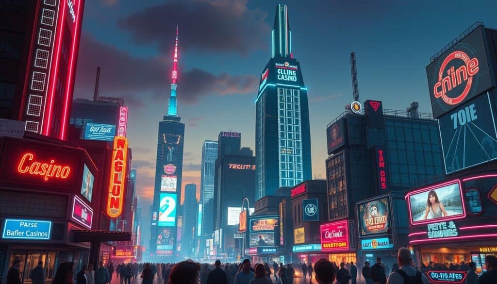 A retro-futuristic cityscape at dusk, with the first online casino emerging from the digital skyline. Neon-lit skyscrapers and holographic billboards cast a warm glow over the bustling streets below, where early internet pioneers gather to push the boundaries of digital entertainment. The scene is infused with a sense of excitement and technological wonder, hinting at the revolutionary changes to come in the world of online gaming.