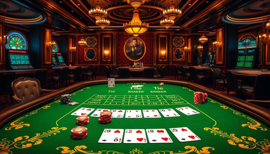 A richly detailed illustration of the fundamental rules of the classic casino game Baccarat. In the foreground, a green felt-covered gaming table with ornate gold accents, the cards and chips laid out in a precise arrangement. The middle ground showcases the three possible outcomes - Player, Banker, and Tie - depicted through elegant iconography and typography. In the background, a luxurious casino interior with warm, ambient lighting, creating a sense of sophistication and high-stakes excitement. The overall composition conveys the elegance, strategy, and timeless allure of this time-honored casino game.