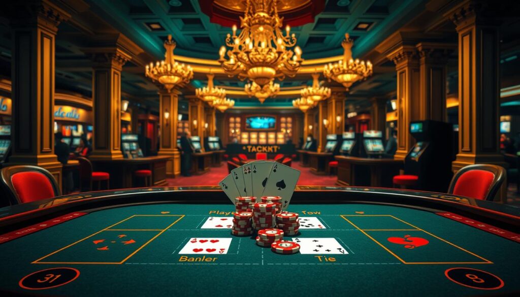A richly detailed illustration of the rules and mechanics of the classic casino game Baccarat, also known as Pai Gow in Chinese-speaking regions. The foreground depicts a crisply rendered Baccarat table with its distinct layout, featuring the Player, Banker, and Tie betting areas. In the middle ground, stylized playing cards and chips convey the high-stakes thrill of the game. The background subtly evokes an upscale casino atmosphere, with elegant chandeliers, ornate columns, and a hint of the bustling gaming floor beyond. The lighting is warm and inviting, creating a sense of sophistication and excitement. The overall composition aims to clearly communicate the core gameplay and strategic elements of this iconic casino game.