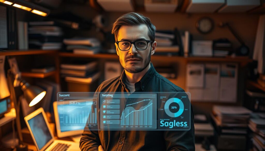 A seasoned SEO expert stands confidently, surrounded by a well-organized workspace filled with digital devices and reference materials. Warm lighting illuminates their face, conveying a sense of expertise and focus. In the middle ground, a holographic display showcases analytical data and search engine optimization strategies. The background blurs softly, emphasizing the subject's deep concentration on the task at hand. The overall atmosphere exudes a professional, tech-savvy ambiance, reflecting the successful SEO strategies and insights the expert is prepared to share.