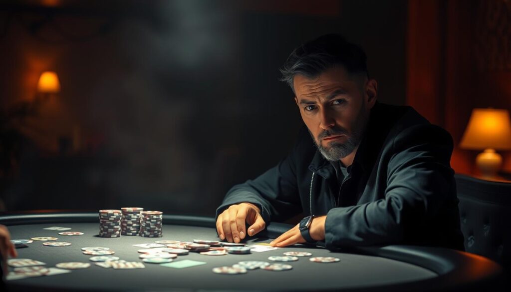 A seasoned Texas Hold'em expert sits at a dimly lit poker table, their face cast in shadows, deep in contemplation. The table is strewn with cards, chips, and a sense of high-stakes tension. Soft, warm lighting emanates from the edges, creating a moody, chiaroscuro atmosphere. The expert's gaze is unwavering, their expression intense, as they ponder their next strategic move, ready to impart their hard-earned wisdom to the viewer. The background is hazy, blurred, allowing the focal point to be the experienced player and their invaluable advice.