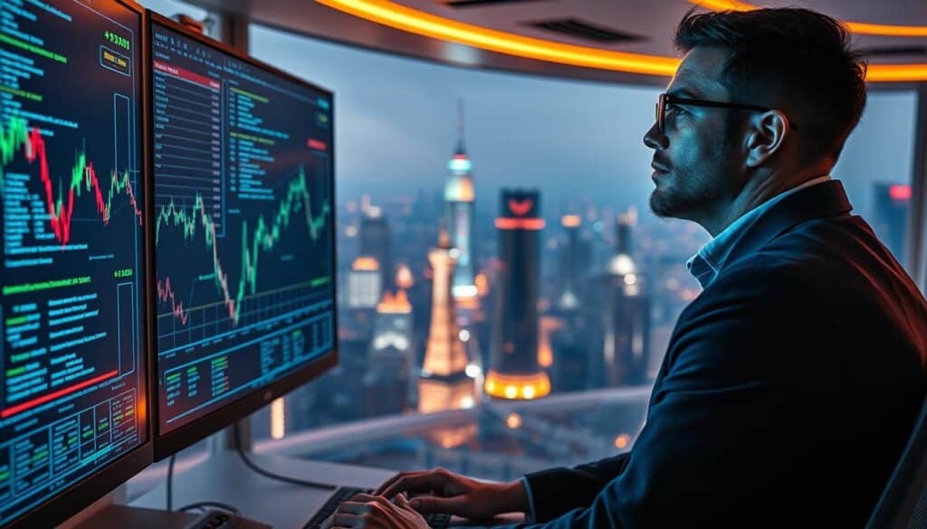 A secure and efficient financial trading system, with a sleek and modern user interface displayed on multiple high-resolution monitors. Shimmering lines of code and algorithms flow across the screens, reflecting the complex interplay of data and analytics powering the system. The scene is bathed in a warm, ambient lighting, creating a sense of professionalism and competence. In the foreground, a financial analyst closely monitors the real-time market data, their expression focused and determined, confident in the system's ability to deliver reliable and rapid transactions. The background features a panoramic view of a bustling financial district, highlighting the system's integration with the larger financial ecosystem.