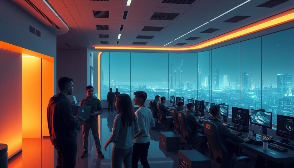 A secure and inviting online gaming environment with a warm, welcoming atmosphere. The scene depicts a virtual game lobby with a sleek, minimalist design featuring clean lines, soft lighting, and subtle textures. In the foreground, a group of players engage in friendly interaction, their avatars expressing a sense of trust and camaraderie. The middle ground showcases various gaming stations, each equipped with state-of-the-art hardware and intuitive interfaces, creating an immersive and streamlined experience. The background features a panoramic vista of a serene, futuristic cityscape, conveying a sense of security and technological advancement. The overall mood is one of safety, comfort, and enjoyment, reflecting the principles of a reliable and trustworthy gaming environment.