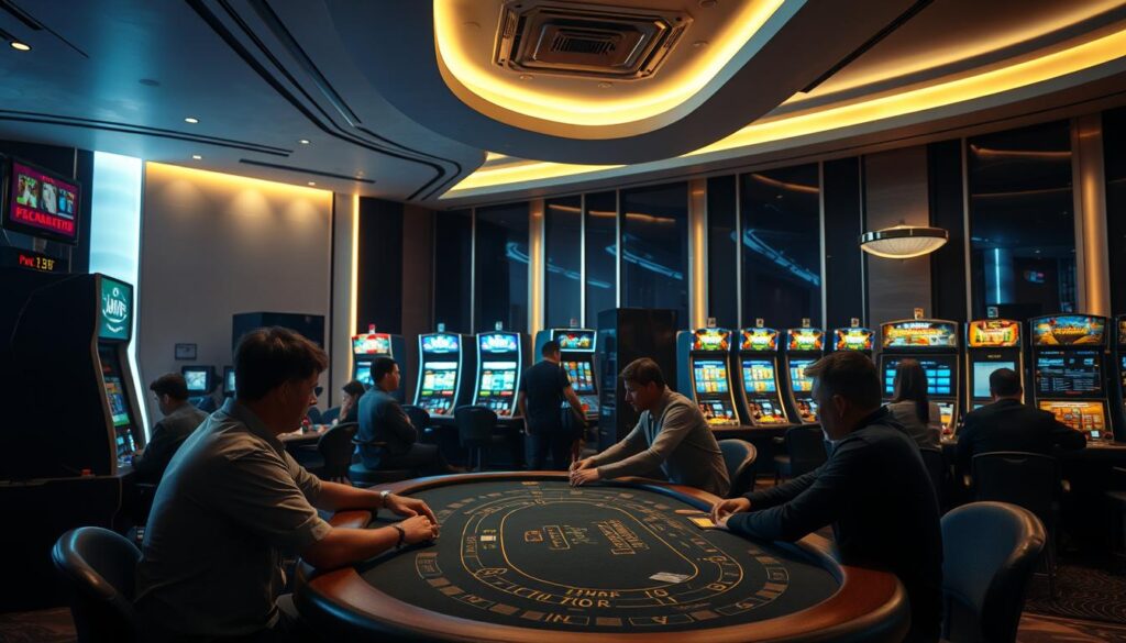 A secure and well-regulated gambling establishment, with players engaged in various casino games amid a sophisticated, modern interior. Soft, diffused lighting illuminates the scene, creating a warm and inviting atmosphere. In the foreground, a group of players sit at a blackjack table, their faces focused and intent. In the middle ground, a row of slot machines stands, their screens flashing with vibrant colors. The background features sleek, minimalist decor and discreet security measures, instilling a sense of safety and professionalism. The overall image conveys a carefully curated environment that prioritizes player protection and responsible gaming practices.