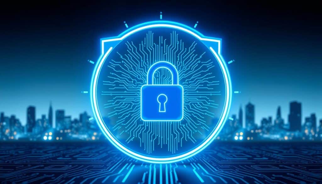 A secure data shield surrounded by a protective digital barrier, casting a serene blue glow. In the foreground, a stylized lock icon symbolizes the safeguarding of personal information. The middle ground features a visually striking pattern of binary code and circuit board traces, conveying the technological backbone of data security. The background displays a minimalist cityscape silhouette, suggesting the urban online landscape where privacy must be vigilantly maintained. Soft, diffused lighting creates a sense of tranquility and assurance. The overall composition evokes a harmonious balance between digital technology and personal data protection.