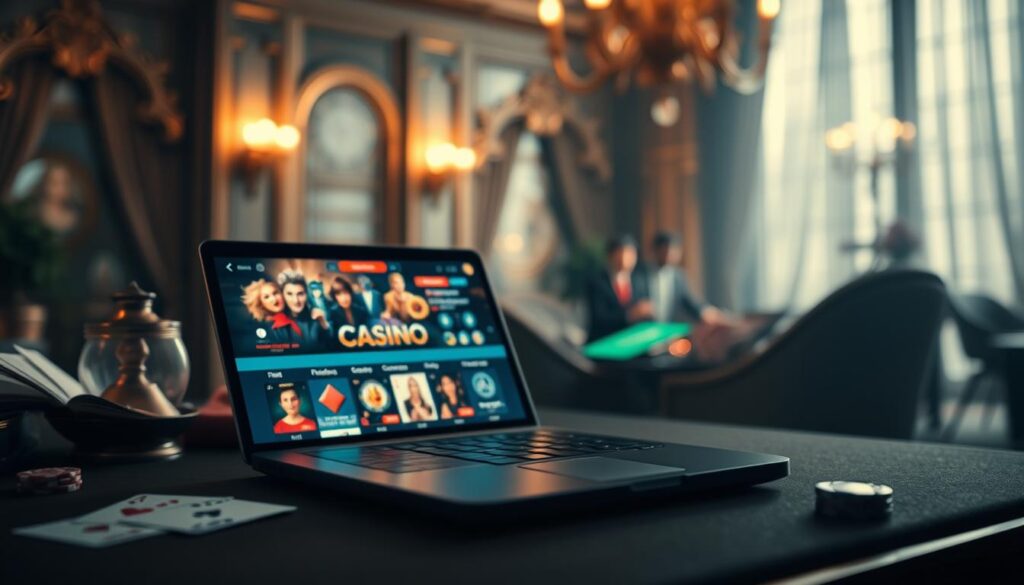 A secure online casino backdrop with a serene, elegant atmosphere. In the foreground, a laptop or smartphone displaying casino games, its screen illuminated with a warm, inviting glow. The middle ground features various casino elements, such as playing cards, poker chips, and a subtle sense of luxury - plush fabrics, ornate details, and muted lighting. The background is a softly blurred, opulent interior, hinting at the safe, trusted environment of the online casino. The overall mood is one of sophistication, comfort, and uncompromising security, reflecting the importance of player safety in the online gambling experience.