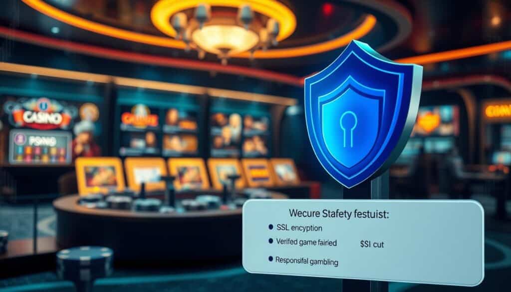 A secure online casino environment with a focus on player safety and trust. A clean, modern interface showcases various gaming options against a backdrop of stylized casino elements - gleaming chips, shimmering lights, and subtle patterns that evoke a sense of elegance and professionalism. In the foreground, an information panel highlights key security features like SSL encryption, verified game fairness, and responsible gambling tools. The overall mood is one of reassurance and reliability, conveying the idea of a trustworthy, well-regulated online entertainment destination.