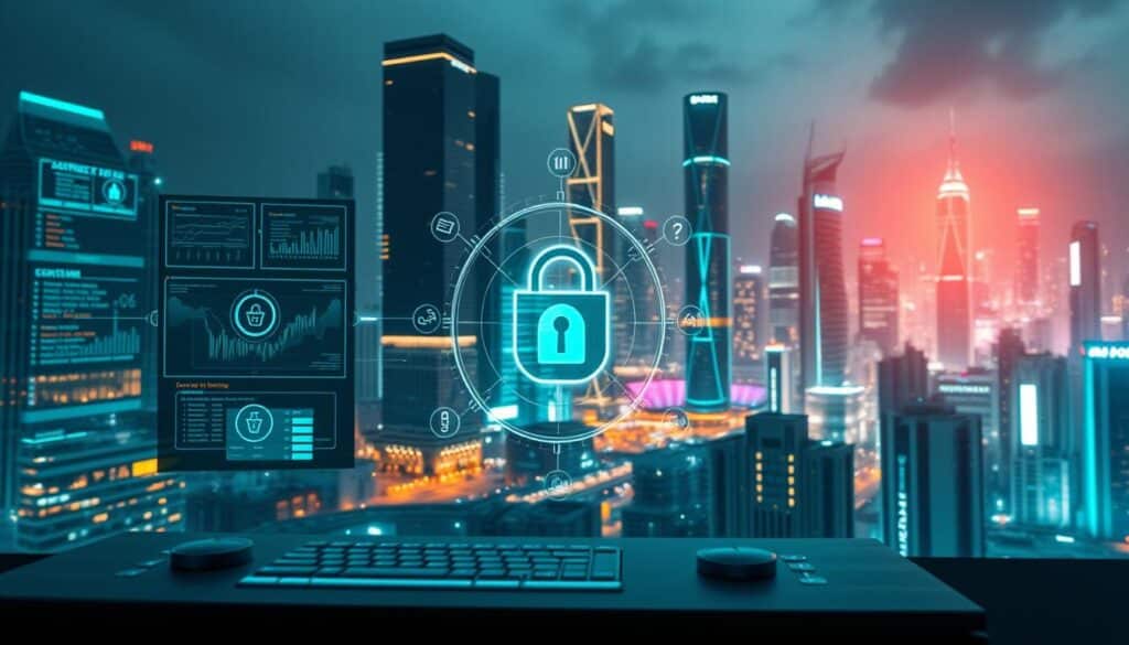 A secure online gambling platform set against a modern cityscape. In the foreground, a sleek, minimalist interface with intuitive controls and user-friendly navigation. In the middle ground, layers of data visualizations, security protocols, and encryption algorithms, conveying a sense of technological sophistication and robust safeguards. In the background, the bustling lights and high-rises of a vibrant metropolitan area, symbolizing the platform's global reach and industry-leading standards. The overall scene radiates a professional, trustworthy atmosphere, with a balance of digital elements and contextual urban details that evokes a sense of safety, stability, and innovation in the online gambling experience.