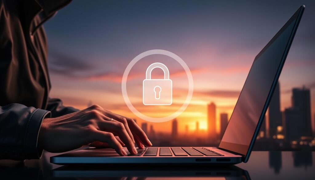 A secure online gambling platform, with a sleek and modern design. In the foreground, two hands securely entering login credentials on a laptop, emphasizing the importance of privacy and authentication. The middle ground features a padlock icon, symbolizing the platform's encrypted data transmission and storage. In the background, a cityscape with skyscrapers silhouetted against a sunset sky, conveying a sense of urban sophistication and legitimacy. The lighting is soft and warm, creating a calming and trustworthy atmosphere. The composition is balanced and visually appealing, drawing the viewer's attention to the key elements of online platform safety and security.