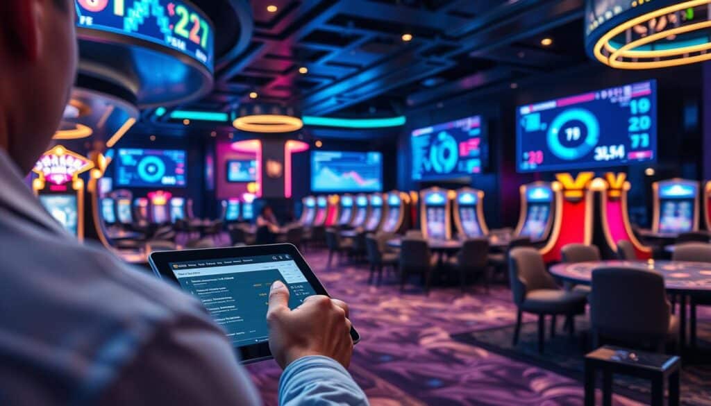 A secure online gaming establishment with a well-designed user interface. In the foreground, a person interacts with a tablet, carefully reviewing transaction details and security protocols. The middle ground showcases a sleek, modern casino interior with plush seating and strategic lighting, exuding an atmosphere of sophistication and responsible gaming. In the background, data visualization screens display real-time analytics, highlighting the robust risk management systems in place. The scene conveys a sense of trust, transparency, and a commitment to player safety and responsible gambling practices.