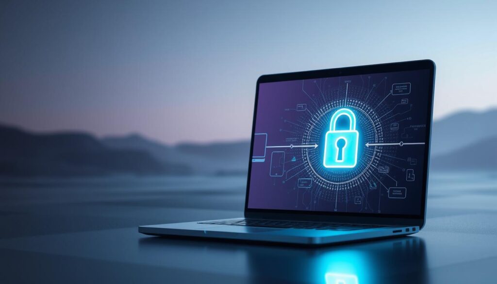 A secure online gaming experience, SSL encryption technology shines in the foreground. A laptop screen displays a padlock icon, symbolizing the encrypted data transfer. In the middle ground, a network diagram illustrates the secure communication between the player's device and the casino's servers, protected by layers of SSL/TLS protocols. The background features a serene, minimalist landscape, conveying a sense of trust and reliability. Soft lighting and a muted color palette create a calming atmosphere, reflecting the security measures in place for Taiwanese online casino players.