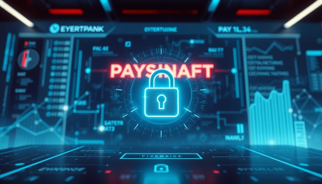A secure online payment gateway against a backdrop of a sleek, modern financial interface. In the foreground, a padlock icon symbolizes the safety and encryption of transactions, while holographic data streams and abstract geometric shapes convey the technological sophistication powering the system. Soft, diffused lighting creates a sense of trust and reliability, with a muted color palette of blues and grays. The overall composition evokes a feeling of confidence and reassurance for users engaging in online entertainment transactions.