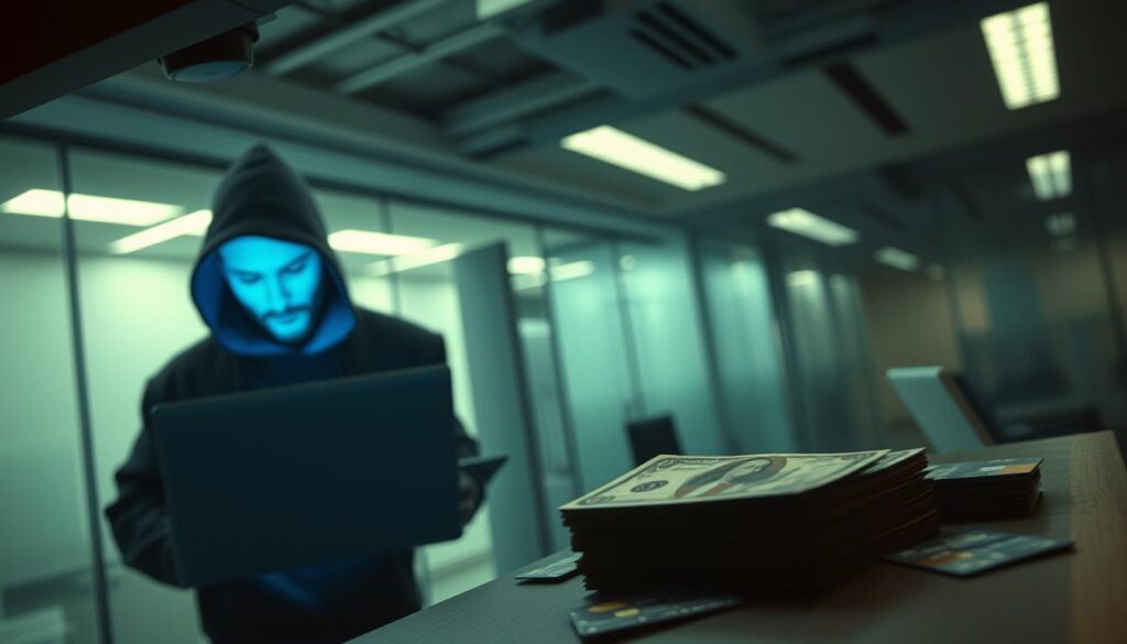 A security camera feeds display the aftermath of a sophisticated online scam. In the foreground, a shadowy figure in a hoodie hastily closes a laptop, the blue glow illuminating their face. In the middle ground, a stack of cash and credit cards lie scattered, evidence of the financial damage. The background is hazy, with the dimly lit interior of a modern office space, suggesting the crime took place in a professional setting. The lighting is low-key, casting dramatic shadows and creating a moody, unsettling atmosphere. The overall scene conveys the tense, illicit nature of the latest high-tech fraud targeting the unsuspecting.