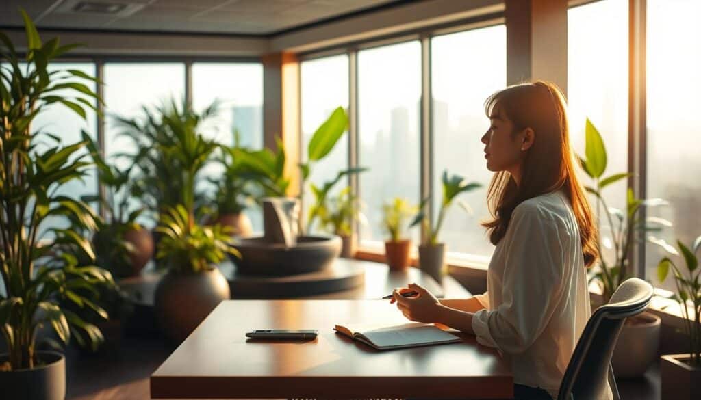 A serene Asian office setting, bathed in warm, natural lighting. In the foreground, a young woman sits at a minimalist wooden desk, her expression contemplative as she practices mindfulness techniques - deep breathing exercises, journaling, and visualizing positive outcomes. The middle ground shows a lush indoor garden, its verdant plants and flowing water feature creating a calming, rejuvenating atmosphere. The background features soft-focus city skyline views through large windows, hinting at the professional success this woman has achieved through her dedication to mental well-being and emotional intelligence.