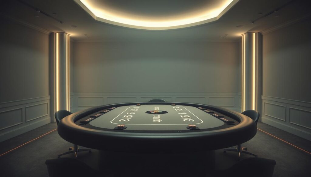 A serene, airy casino interior with a central gaming table, softly lit from above. The table's surface features evenly spaced betting chips in a precise, symmetrical arrangement, illustrating the "平注法" or flat betting strategy. The surrounding space is minimalist and elegant, with muted tones and clean lines, creating a sense of focus and control. Subtle lighting casts a warm, contemplative glow, evoking the calculated, disciplined mindset associated with this betting technique. The overall composition conveys a balanced, methodical approach to casino gameplay.
