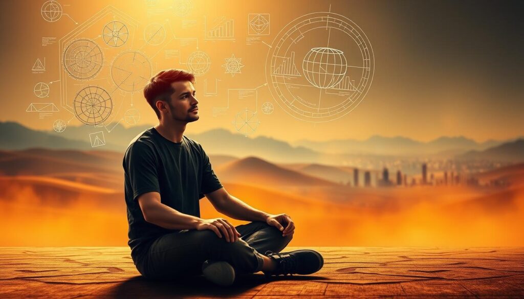 A serene and contemplative scene depicting the "Effective Application of Winning Strategies". In the foreground, a person sits cross-legged, deep in thought, their face radiating a sense of calm and focus. Intricate diagrams and charts float around them, illustrating the complexities of strategic planning and mathematical analysis. The middle ground features a tranquil landscape, with rolling hills and a distant cityscape, representing the broader context of the gaming industry. Warm, diffused lighting bathes the scene, creating a sense of harmony and clarity. The overall mood is one of intellectual rigor and enlightenment, suggesting the insights and wisdom that can be gained through the diligent study of winning strategies.