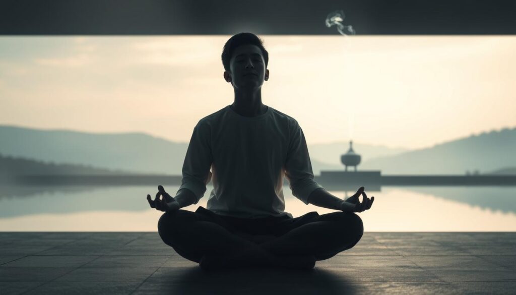 A serene and contemplative scene depicting the concept of "情緒管理". In the foreground, a person sits cross-legged in a lotus position, their eyes closed, deep in meditation. Soft, diffused lighting bathes the scene, creating a calming atmosphere. In the middle ground, wispy tendrils of smoke rise from an incense burner, symbolizing the release of emotional tension. The background features a minimalist landscape, with a tranquil pond reflecting the calm sky above. The overall mood is one of introspection, balance, and inner peace, capturing the essence of emotional self-regulation.