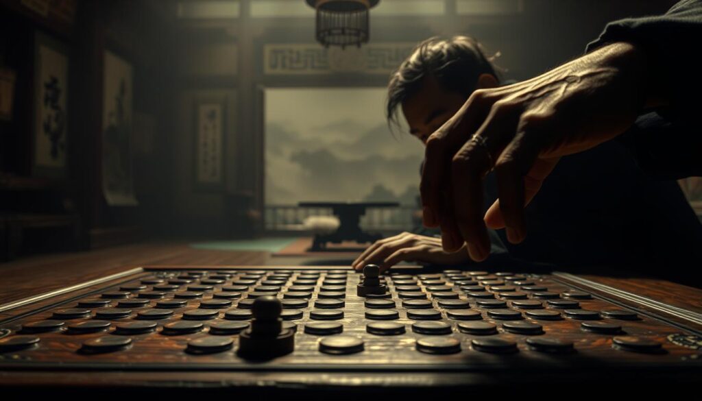 A serene and contemplative scene of a master strategist deeply immersed in the art of gaming. In the foreground, a weathered but skilled hand carefully moves a game piece across an ancient wooden board, the player's face obscured in shadow, conveying a sense of intense focus and intuition. In the middle ground, the dimly lit interior of a traditional East Asian gaming hall, with delicate ink paintings and calligraphic scrolls adorning the walls, creating an atmosphere of refined elegance. The background fades into a hazy, dreamlike landscape, suggesting the player's mind is transcending the physical realm, consumed by the intricate mechanics and psychological nuances of the game. Soft, warm lighting casts a subtle glow, heightening the sense of contemplation and mastery.