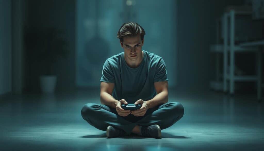 A serene and contemplative scene of a person deep in thought, sitting cross-legged in a tranquil indoor setting. Soft, diffused lighting illuminates the figure, casting gentle shadows that accentuate the thoughtful expression. The background is blurred, creating a sense of focus and introspection. The person's posture is relaxed, yet their gaze is steely, conveying a focused, analytical mindset. The overall atmosphere is one of calm concentration, with the subject appearing to be deeply engaged in strategizing or planning. A subtle hint of a game controller or other gaming device may be present, suggesting the intersection of gaming and psychological strategy.