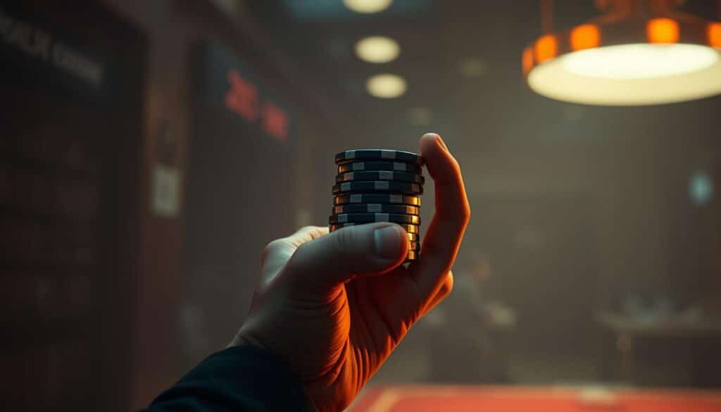 A serene and contemplative scene of a person's hand holding a stack of casino chips, representing their "獲利目標" or profit target. The composition is framed against a blurred, dimly lit background, creating a sense of focus and concentration. The chips are rendered in a realistic and detailed manner, reflecting the warm glow of a soft, directional light source. The person's hand is positioned purposefully, conveying a thoughtful and strategic mindset. The overall mood is one of careful consideration and planned execution, aligning with the section title "設定獲利目標與止損點".