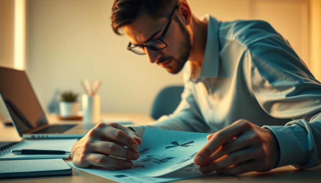 A serene and focused scene of a person solving a complex problem. In the foreground, the hands of the problem-solver are intently working on a puzzle or diagram, their expression thoughtful and concentrated. The middle ground features a clean, minimalist workspace with a laptop, notepad, and other problem-solving tools. The background is softly blurred, suggesting a peaceful, distraction-free environment conducive to deep thought and analysis. Warm, natural lighting illuminates the scene, creating a calming and productive atmosphere. The overall composition conveys a sense of order, clarity, and the satisfaction of overcoming challenges through diligent effort.
