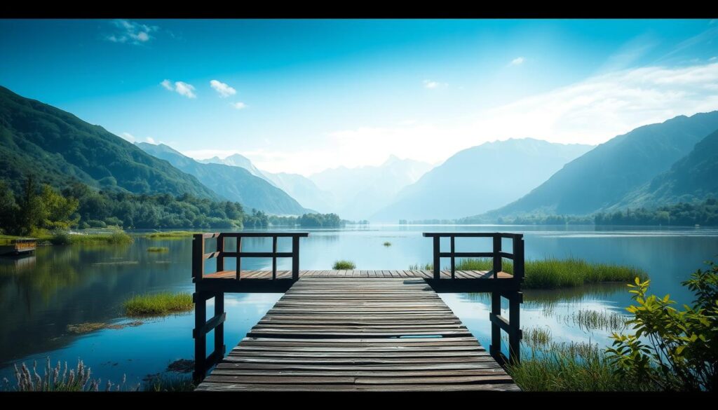 A serene and harmonious landscape, with a balance of security and fairness symbolized through a tranquil lake reflecting the sky. In the foreground, a sturdy wooden bridge spans the water, its clean lines and solid construction conveying a sense of stability and reliability. The middle ground features lush, verdant foliage, representing the flourishing of a fair and protected environment. The background showcases a magnificent mountain range, its peaks reaching towards the heavens, evoking a feeling of grandeur and natural order. The lighting is soft and diffused, creating a calming atmosphere, while the camera angle is slightly elevated, capturing the scene from a perspective of oversight and impartiality.