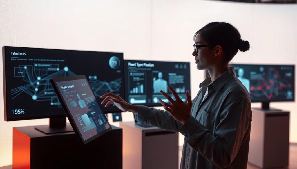 A serene and immersive user experience showcased in a digital environment. In the foreground, a person interacts intuitively with a clean, minimalist interface, their gestures and expressions conveying a sense of flow and engagement. The middle ground features sleek, modern devices and interfaces seamlessly blending technology and design. In the background, a soft, ambient lighting sets a calming, relaxing mood, while subtle patterns and textures add depth and visual interest. The overall scene evokes a sense of simplicity, ease of use, and thoughtful user-centric design.