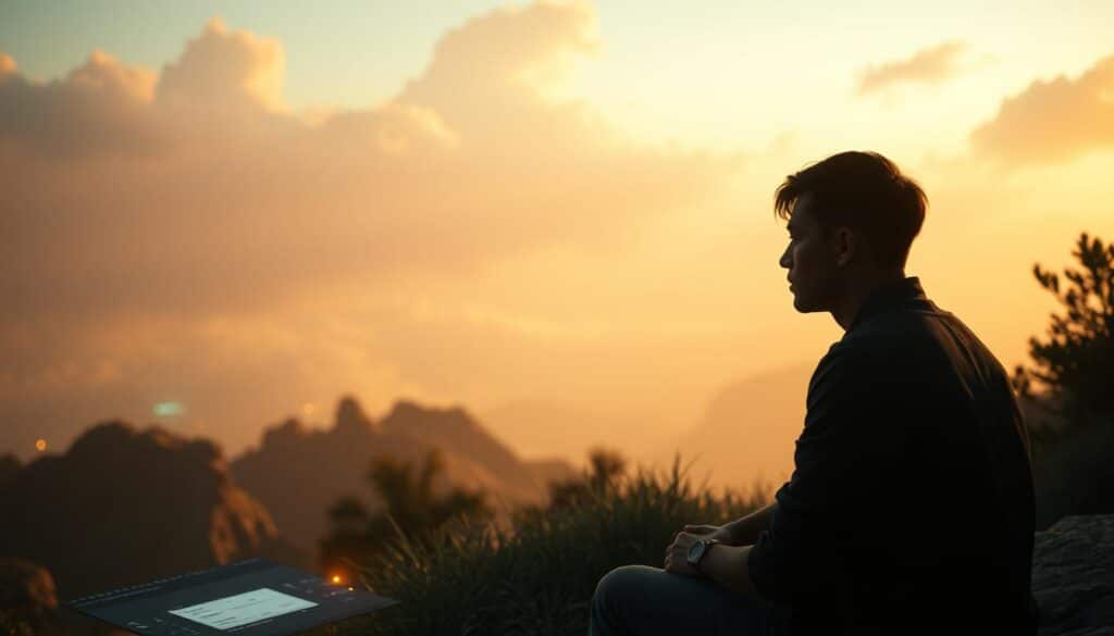 A serene and introspective scene depicting the concept of "Authenticity and Player Trust". In the foreground, a contemplative player sits amidst a meticulously crafted virtual world, their expression conveying a sense of immersion and connection. The middle ground features subtle visual cues hinting at the game's inner workings - lightly glowing digital interfaces, subtle particle effects, and the faint outlines of unseen systems. The background opens up to a vast, dreamlike landscape, blending the real and the imagined, symbolizing the blurred boundaries between the virtual and the authentic. Warm, diffused lighting illuminates the scene, creating an atmosphere of tranquility and trust. The overall composition invites the viewer to ponder the delicate balance between reality and the player's experience.