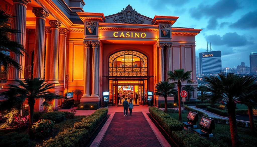 A serene and inviting casino facade, with a grand entryway illuminated by warm lighting. The building's architecture features elegant columns, intricate details, and a welcoming atmosphere. In the foreground, a path leads visitors towards the entrance, flanked by lush greenery and well-manicured landscapes. The middle ground showcases a vibrant scene, with people leisurely strolling and enjoying the amenities. The background is filled with a cityscape, hinting at the urban setting of this premium entertainment destination. The overall composition conveys a sense of sophistication, luxury, and an immersive gaming experience.