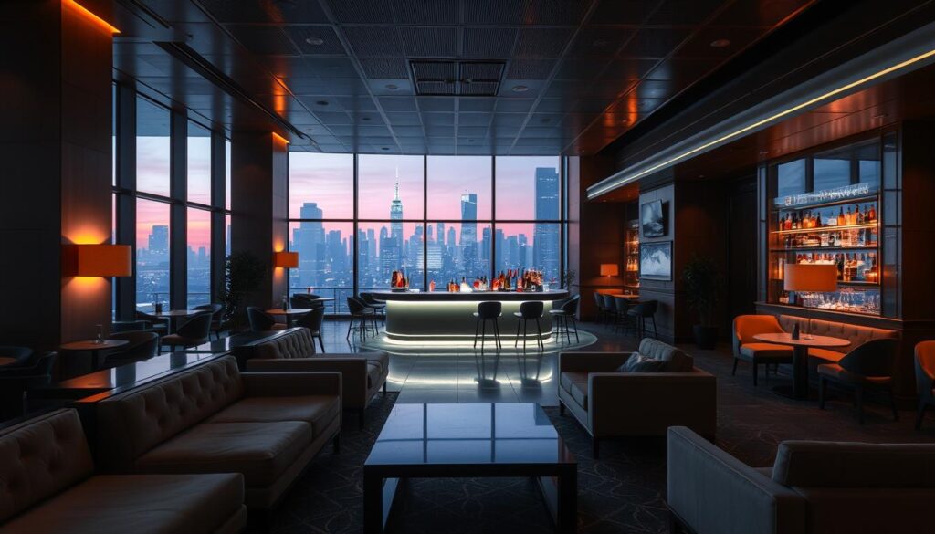 A serene and inviting interior of a legal entertainment venue, with a warm and sophisticated ambiance. In the foreground, a well-appointed lounge area with plush, modern seating and subtle lighting. In the middle ground, a central bar with an elegant, minimalist design, serving a variety of high-quality beverages. The background features a panoramic view of the city skyline, visible through large, floor-to-ceiling windows, creating a sense of openness and connection to the outside world. The overall atmosphere conveys a sense of luxury, comfort, and responsible enjoyment, catering to the discerning tastes of the clientele.