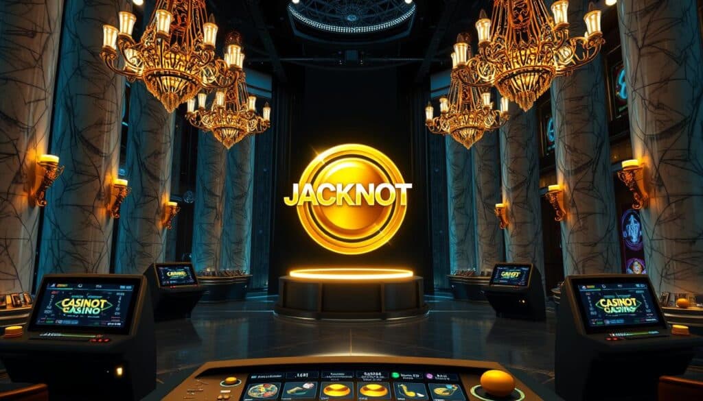 A serene and inviting online casino scene, with a gleaming golden jackpot icon prominently displayed against a backdrop of luxurious marble columns and elegant chandeliers. The game interface is sleek and intuitive, beckoning players to explore the various game options. Soft, warm lighting and a color palette of rich blues and golds create an atmosphere of sophistication and excitement. The camera angle is slightly elevated, allowing the viewer to take in the grandeur of the space. The overall impression is one of a premier online gaming destination, offering a premium experience for discerning players.