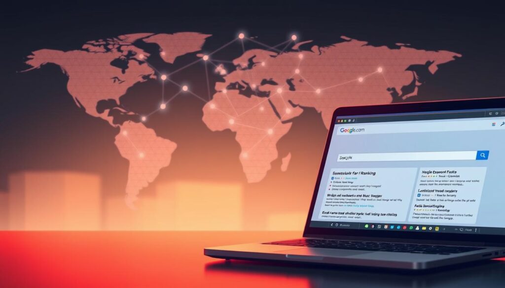 A serene and minimalist illustration of the fundamental concepts of SEO. In the foreground, a laptop displaying a search engine results page, highlighting the importance of optimizing for high rankings. In the middle ground, a network of interconnected nodes representing the complex algorithms and factors that influence search engine visibility. In the background, a stylized world map, symbolizing the global reach and impact of SEO strategies. The overall scene is bathed in a soft, warm light, conveying a sense of clarity and focus on the essential principles of search engine optimization.