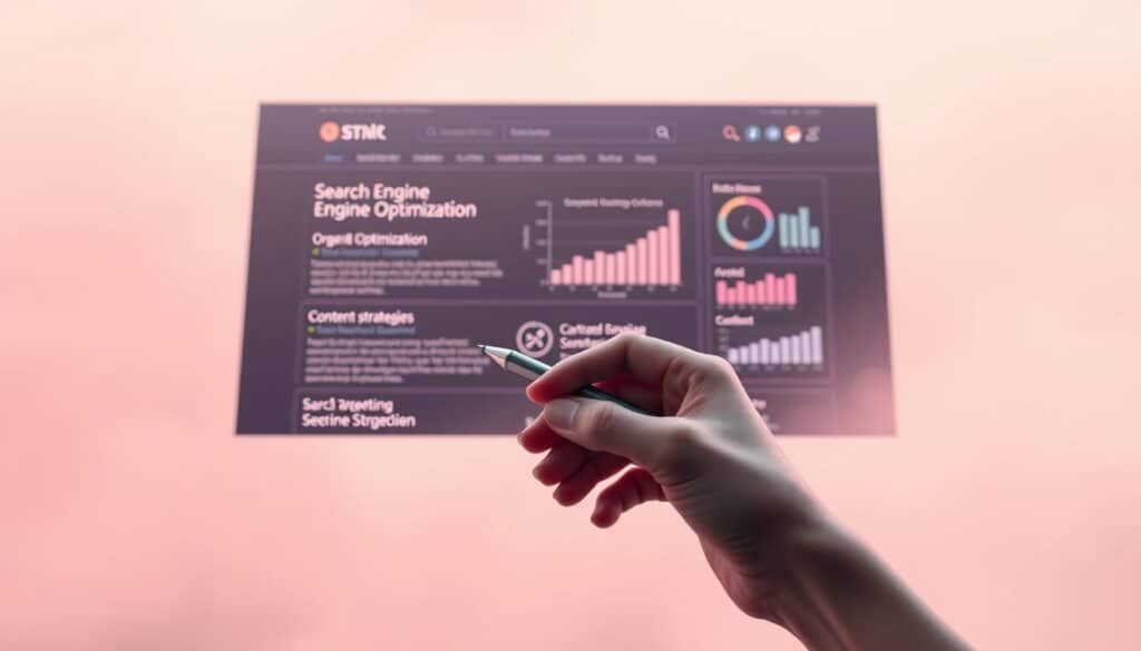 A serene and minimalist website interface floats in a soft, hazy environment. The screen displays search engine optimization metrics and charts, highlighting the impact of targeted keyword optimization and content strategies. In the foreground, an elegant hand holds a pen, metaphorically guiding the website's digital transformation. The overall scene conveys the thoughtful, analytical process of boosting online visibility and organic search rankings, essential for the success of the online entertainment venue.