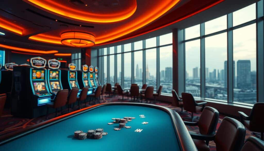 A serene and modern casino interior, with a warm, inviting ambiance. In the foreground, a sleek gaming table with chips and cards, illuminated by soft, indirect lighting. The middle ground features a row of high-quality slot machines, their screens displaying vibrant graphics. In the background, a panoramic view of the city skyline through large windows, suggesting a sense of safety and security. The overall composition conveys a reassuring and trustworthy atmosphere, reflecting the key elements of an ideal entertainment venue.