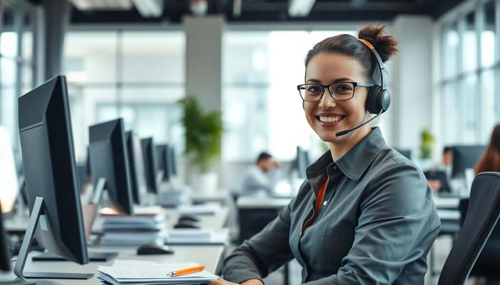 A serene and modern office setting, with a customer service representative wearing a warm, welcoming expression. The foreground features a neatly organized desk with a computer, headset, and stacks of documents, conveying professionalism and efficiency. The middle ground showcases a bright, airy space with large windows, allowing natural light to flood the room and create a calming ambiance. The background gently blurs, hinting at other workstations and a bustling, yet harmonious, atmosphere. The overall scene radiates a sense of exceptional customer care, where the representative's attentive posture and genuine smile reflect the high quality of service provided.