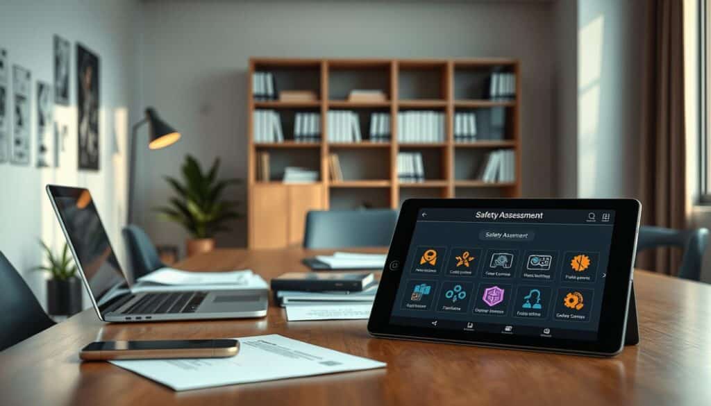 A serene and modern office setting, with a large desk showcasing a laptop, mobile phone, and various business documents. The lighting is soft and natural, creating a warm and inviting atmosphere. In the background, a sleek and minimalist bookshelf stands tall, providing a sense of order and professionalism. On the desk, a tablet displays a secure online gaming platform, with icons representing various game options and a focus on the "Safety Assessment" section. The overall composition conveys a sense of security, efficiency, and a commitment to responsible online entertainment.