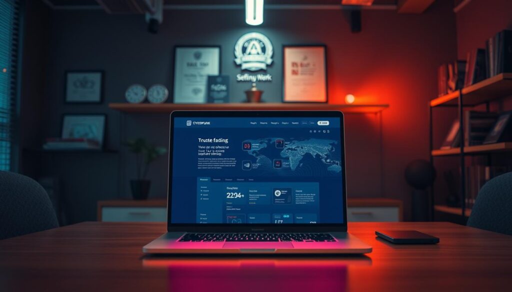 A serene and professional-looking office scene with a glowing laptop screen at the center, showcasing a modern, user-friendly web platform. Warm, indirect lighting casts a soft glow, creating an inviting and trustworthy atmosphere. In the background, strategic shelving displays various industry-related awards and certifications, instilling confidence in the platform's reliability. The overall composition emphasizes simplicity, elegance, and attention to detail, reflecting the platform's commitment to providing a secure and enjoyable online gaming experience.