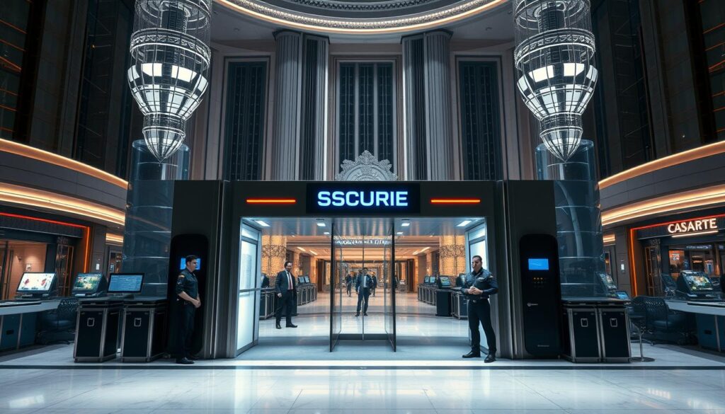 A serene and secure casino environment, with a prominent and professional-looking security checkpoint at the entrance. The entrance is well-lit, with a sleek and modern design featuring clean lines and a neutral color palette. Security personnel stand at the ready, ensuring a safe and controlled entry for all patrons. In the background, the casino's grand architecture and elegant facade create a sense of sophistication and exclusivity. The overall atmosphere conveys a strong emphasis on safety, reliability, and a premium guest experience.
