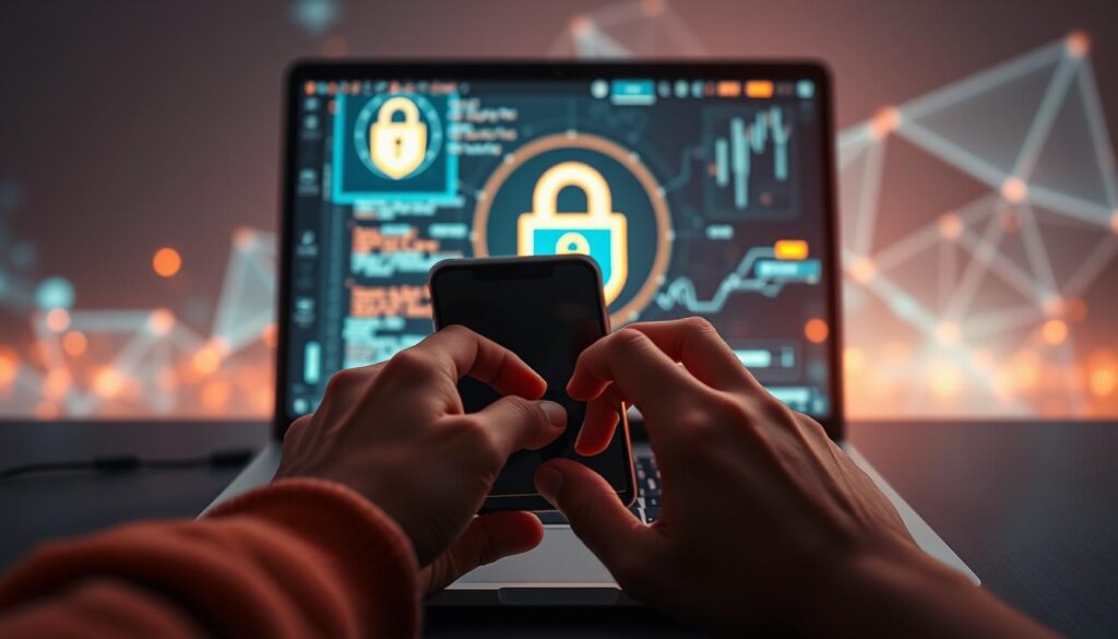 A serene and secure digital environment, with a glowing laptop screen showcasing a padlock icon and a data privacy shield, surrounded by a soft, ethereal glow. In the foreground, graceful hands delicately handling a smartphone, emphasizing the importance of personal data protection in the online gaming landscape. The mid-ground features a serene, blurred background of abstract geometric shapes, symbolizing the intricacies of digital security. Warm, muted lighting creates a sense of comfort and trustworthiness, while the overall composition conveys a harmonious balance between technology and user privacy.